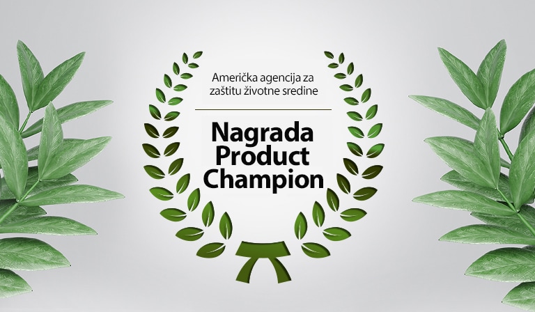 Tekstualni sadržaj EPA nagrade Product Champion oivičen je zelenim lovorovim vencom. Zeleni listovi se nalaze sa obe strane slike.