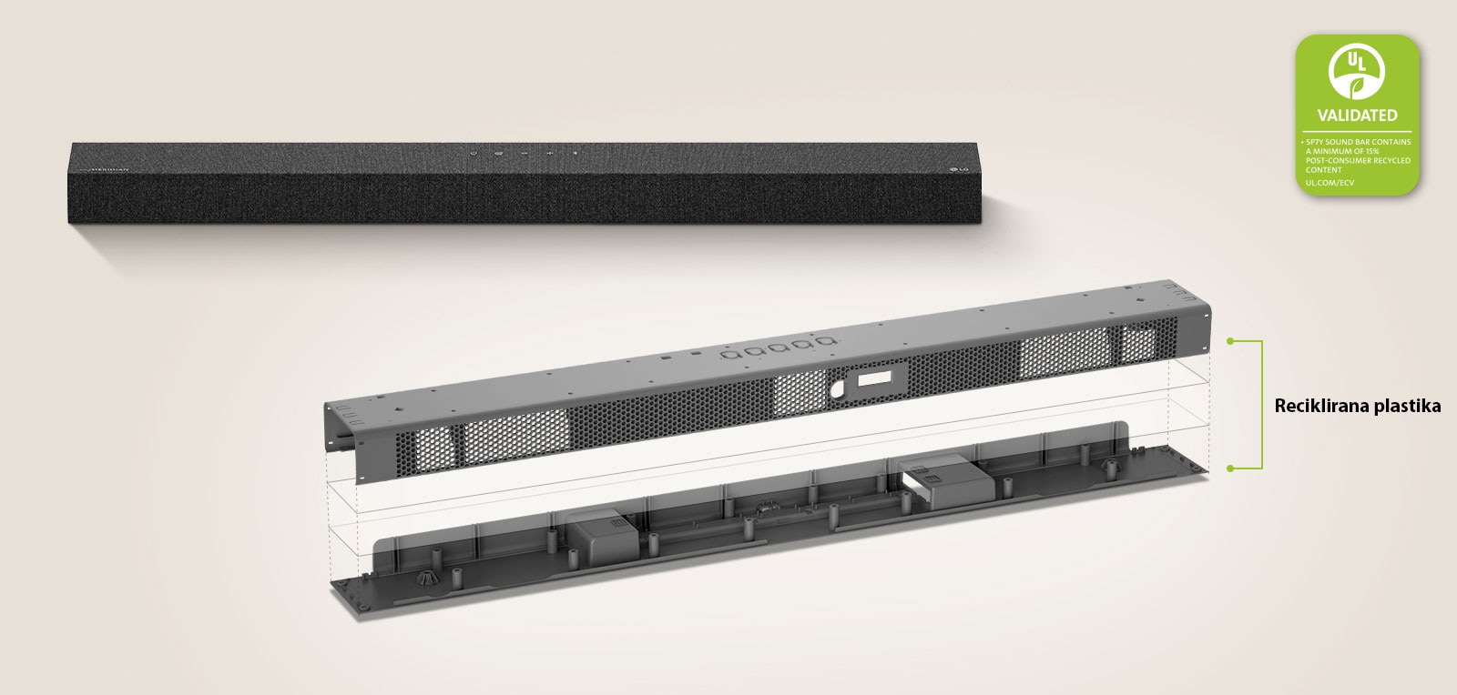 Prikaz prednje strane Soundbar zvučnika iza slike Soundbar zvučnika u metalnom okviru koja se nalazi ispred.