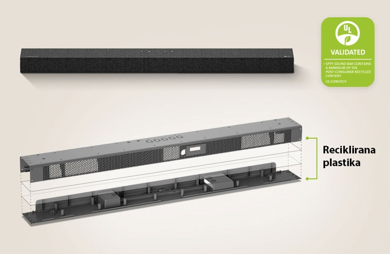 Prikaz prednje strane Soundbar zvučnika iza slike Soundbar zvučnika u metalnom okviru koja se nalazi ispred.