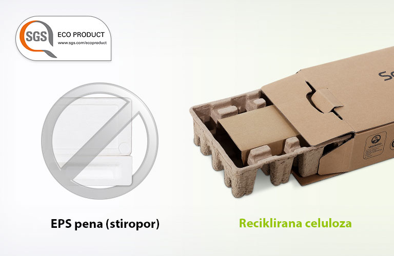 Logotip SGS ECO PRODUCT nalazi se u gornjem levom uglu. Siva oznaka zabranjene upotrebe na slici stiropora sa leve strane i slika kutije pakovanja sa desne strane.