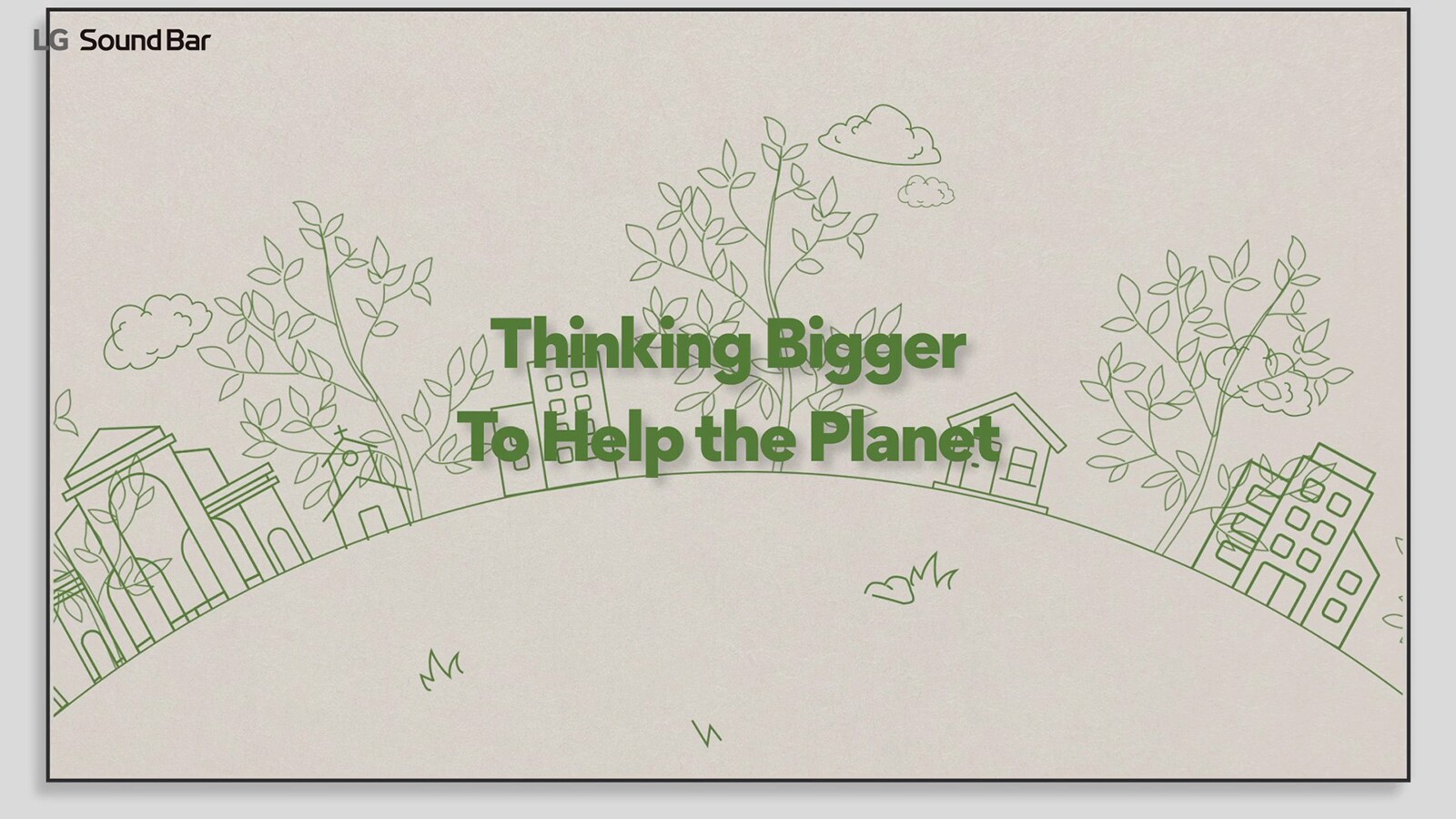 Linijski crtež u zelenoj boji sa kućama i drvećem, a zeleni tekstualni sadržaj „Šira perspektiva za pomoć planeti” nalazi se iznad linijskog crteža. Kliknite da pogledate video-sadržaj