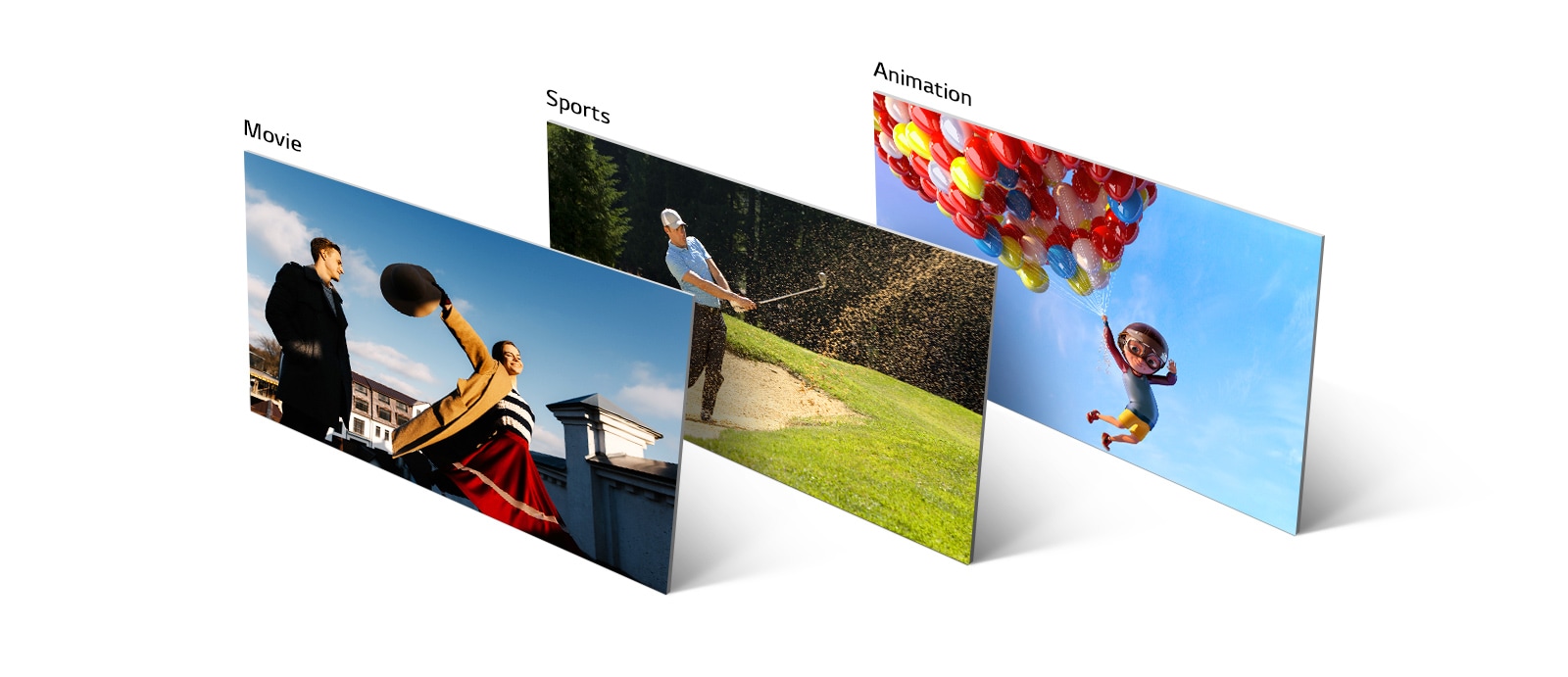 Scena iz filma, igre golfa i animacije poređane su vertikalno i iskošeno.