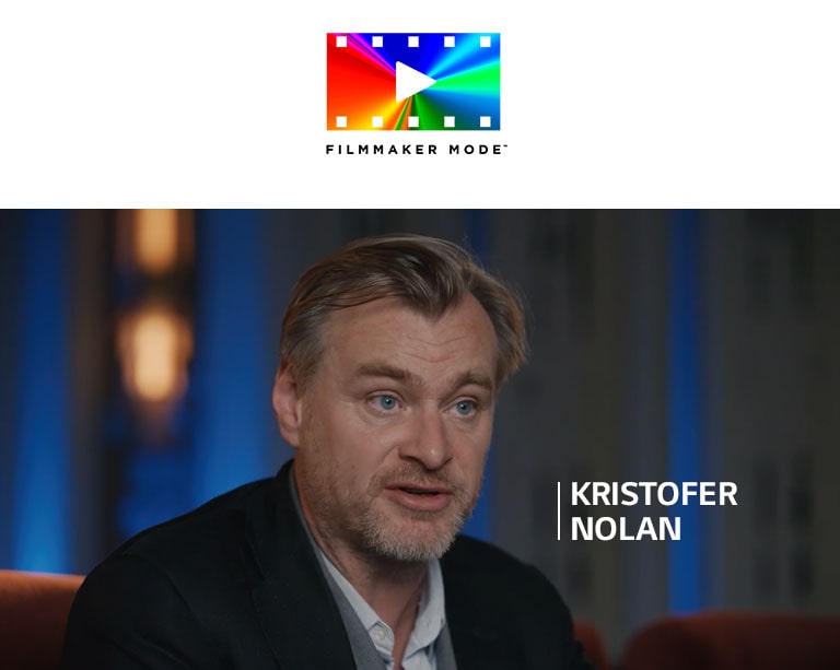 Logotip FILLMAKER MODE™. Ispod logotipa Kristofer Nolan daje intervju u mračnoj prostoriji.