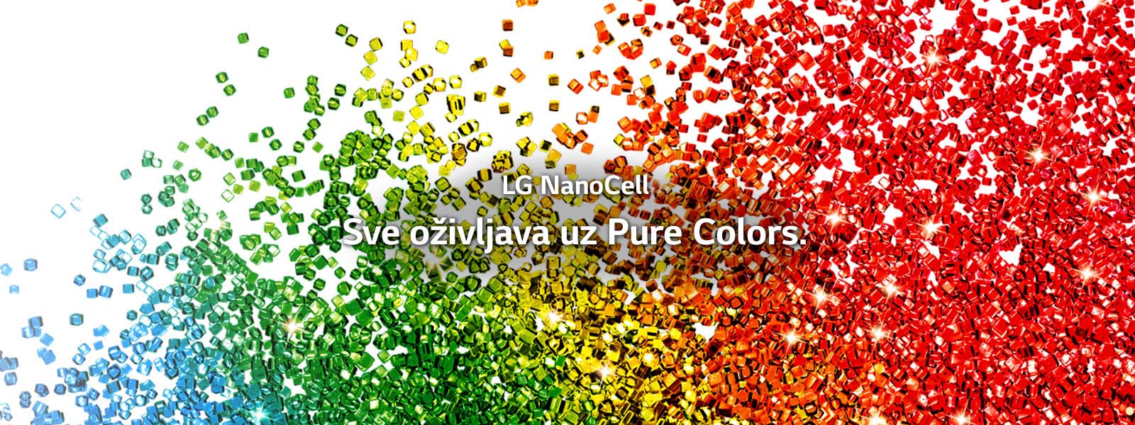 Ekran ispunjen česticama živopisnih boja koje se raspršuju ispred bele pozadine.