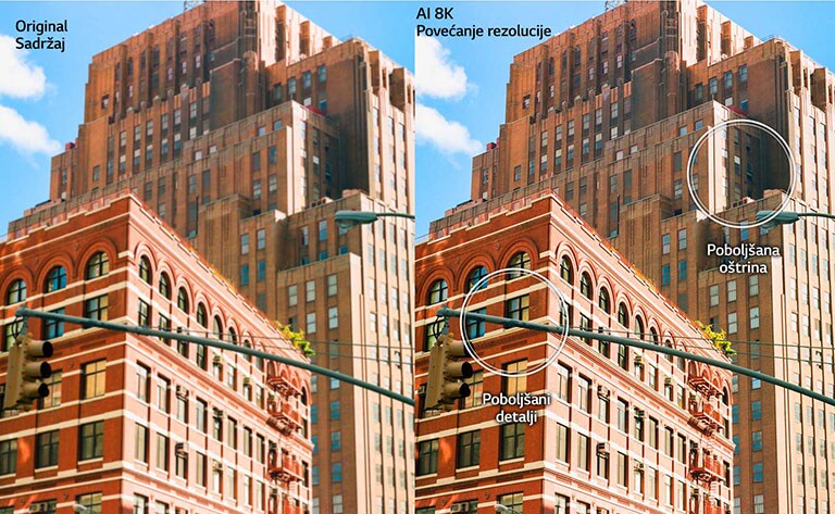 Slike zgrada sa crvenom ciglom postavljene jedna pored druge. Slika sa desne strane je oštrija i jasnija, prikazuje kako bi slika bila unapređena uz povećanje rezolucije AI 8K.