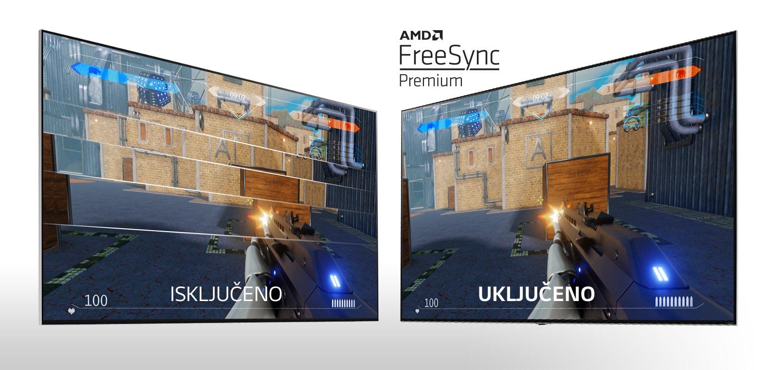 Dva TV ekrana postavljena jedan pored drugog na kojima se prikazuje pucačka igra. Na levoj se prikazuje isključena FreeSync, a na desnoj uključena FreeSync.