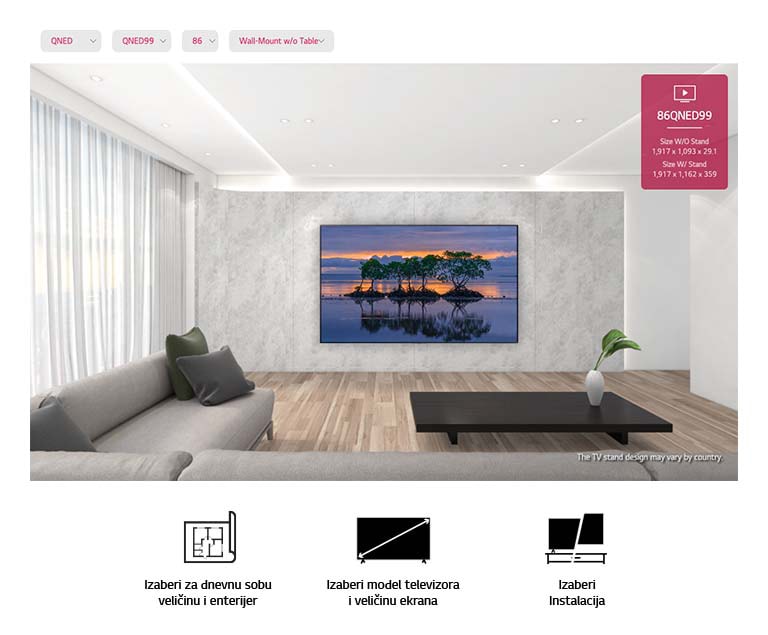 Veliki televizor sa ravnim ekranom montiran na sivi zid okružen modernim sivim i crnim nameštajem. Na ekranu se prikazuju tri drveta sa odrazom u vodi pri zalasku sunca.