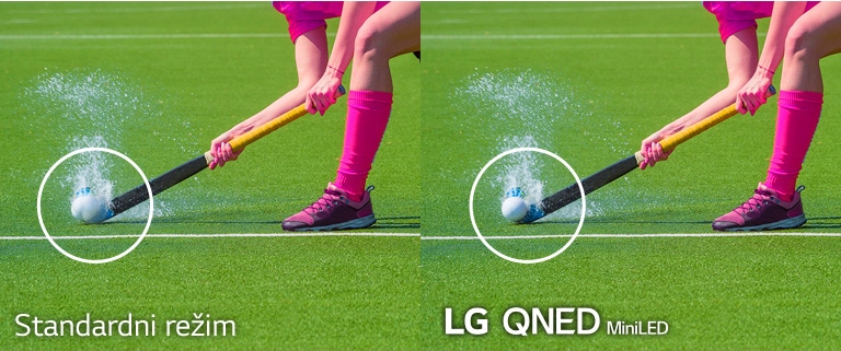 Dve identične slike hokejaša koji udara lopticu na poplavljenom terenu. Na levoj slici je prikazano kako bi se to videlo na stnadardnom LCD televizoru, dok je na denoj slici to prikazano na LG QNED MiniLED televizoru.