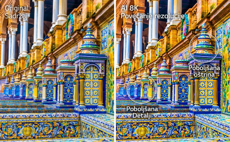 Naporedne slike sjajno obojene zgrade u stilu mozaika. Desna prikazuje originalno, a desno je prikazana slika nakon AI 8K povećanja rezolucije uz poboljane detalje i oštrinu.