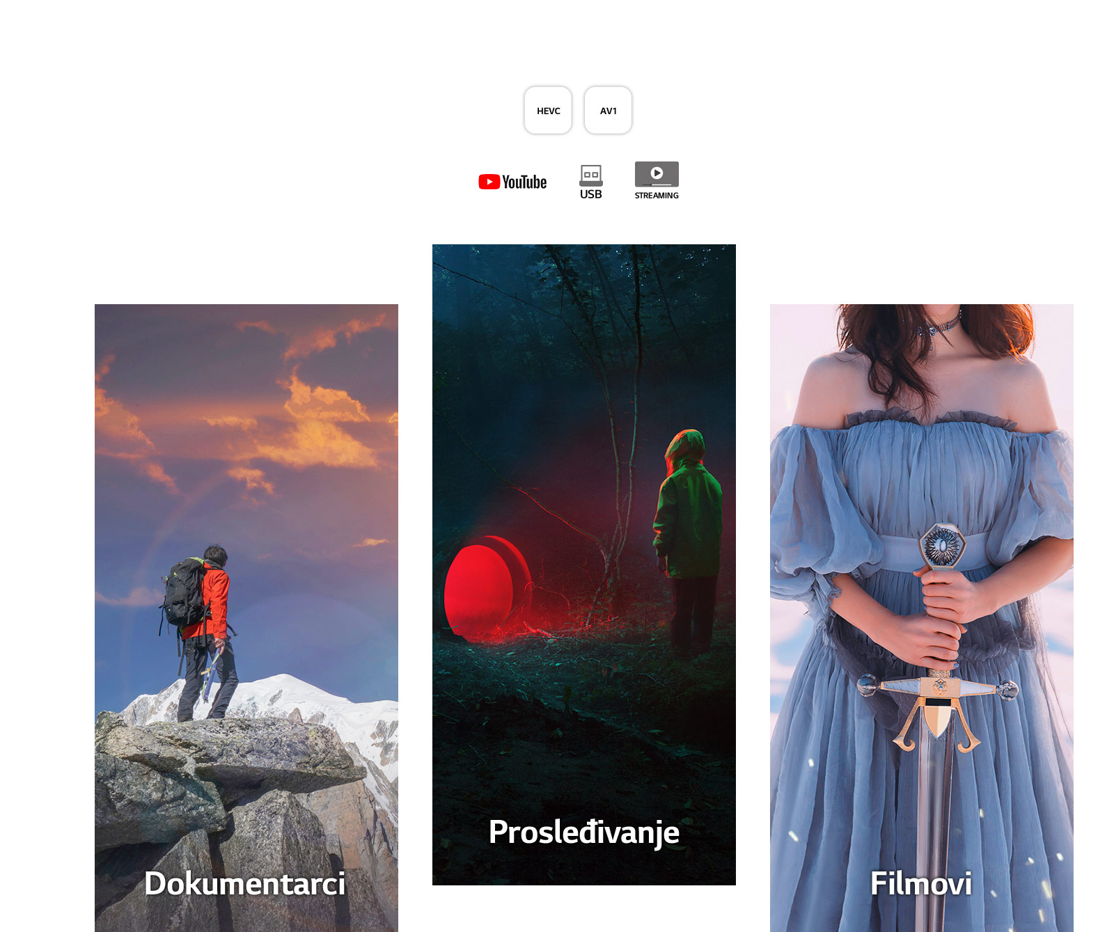 Sa leve strane nadesno prikazuje se slika muškarca u opremi za planinarenje koji stoji na strnovitoj planini; mračna scena sa dečakom koji sedi ispred tunela iz kog se emituje crvena svetlost; i žena u plavoj haljini koja drži mač spram bele pozadine.