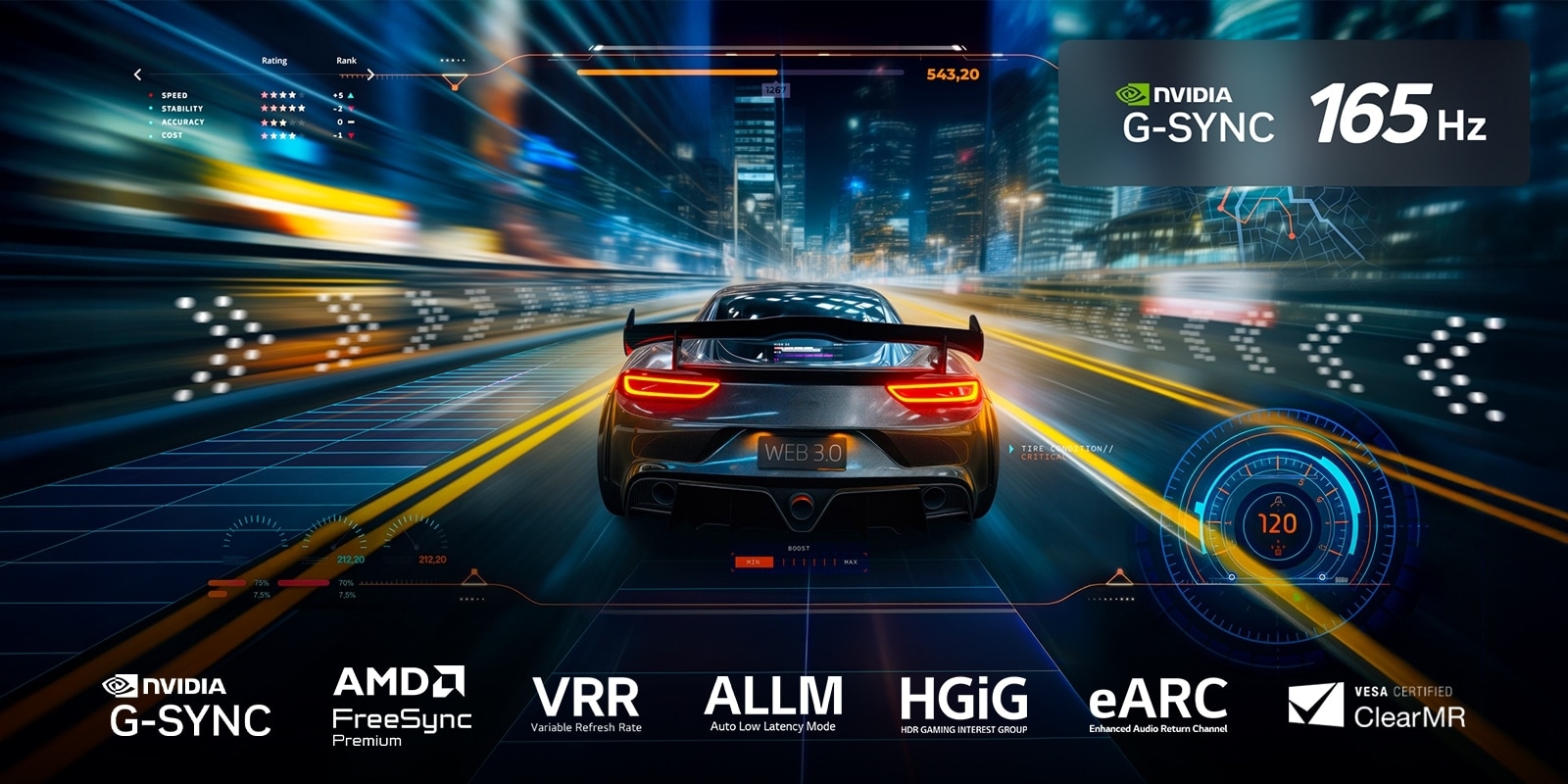 Trkačka igra koja izgleda živo, potpuno u fokusu, bez ometajućeg zamućenja pokreta. Vidljiv je logotip Nvidia G-Sync i 165Hz. U dnu se vide i drugi sertifikati povezani s igrom koji pokazuju sjajne performanse u igri LG TV uređaja. 