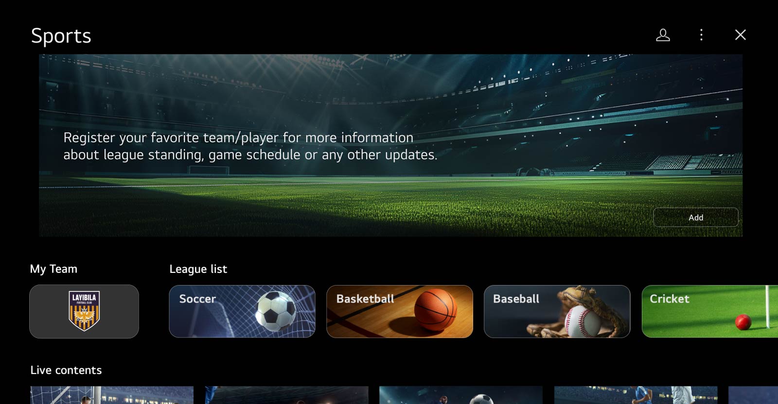Prikazan je korisnički interfejs stranice Sports Portal koji prikazuje da korisnik može registrovati svoje timove i kako je sadržaj organizovan tako da bude lakše dostupan za ljubitelja sporta.