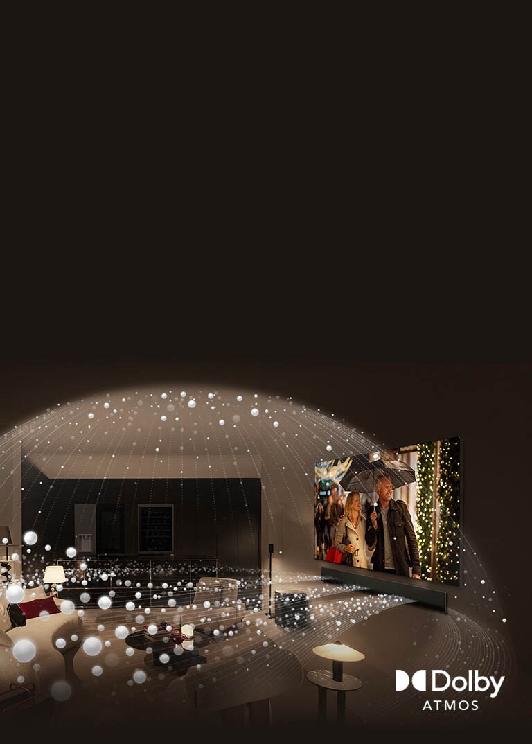 Izuzetno veliki LG TV pokriva ceo zid u udobnoj dnevnoj sobi, a bele perlice svetlosti izbijaju iz TV-a i kaskadno padaju širom sobe.