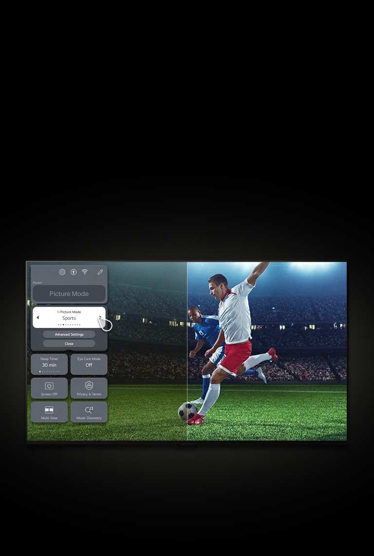 LG TV prikazuje fudbalera na terenu. Meni s leve strane ekrana prikazuje podešavanja, a klikom kursorom se menja podešavanje slike iz Vivid u Sports Mode. Grafička linija prolazi preko ekrana i otkriva svetliju, jasniju sliku.
