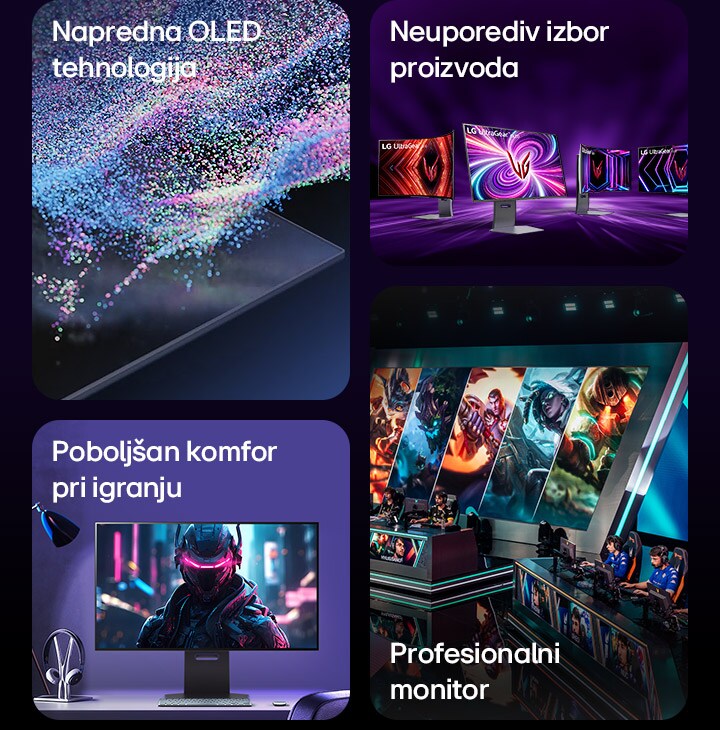 Slika koja prikazuje ključne karakteristike LG OLED gejming monitora - Napredna OLED tehnologija, Neuporediv portfolio proizvoda, Povećana udobnost pri igranju, Monitor profesionalnog nivoa.