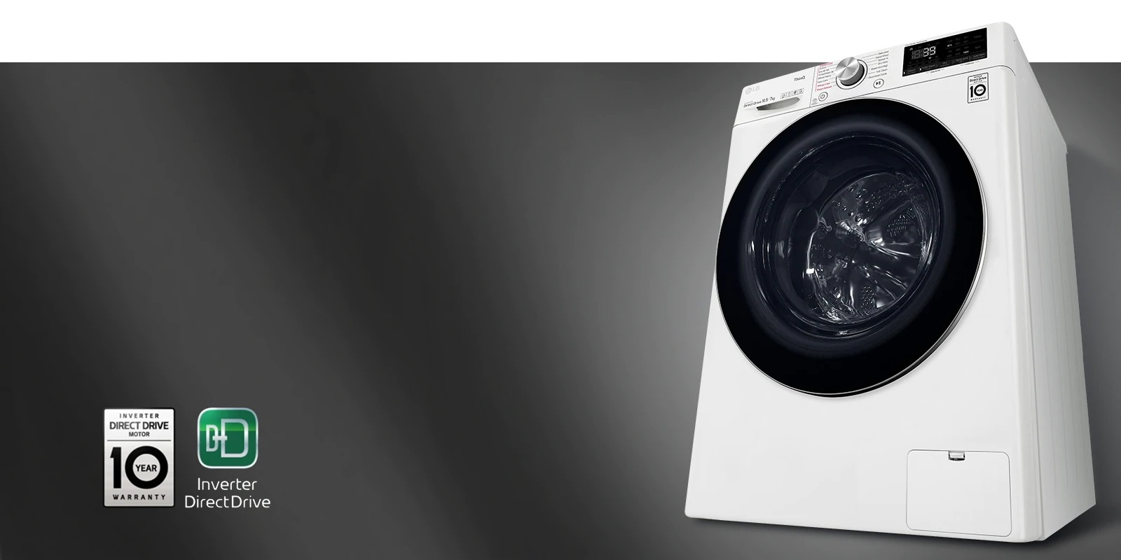 Prikaz mašine za veš sa kontrolnim panelom odozgo, a pored nje je logotip 10-godišnje garancije i logotip Inverter DirectDrive. Preko logotipa prelazi zrak svetlosti i obasjava ih.