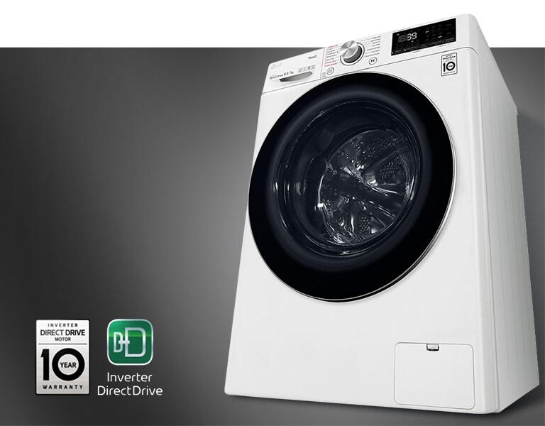 Prikaz mašine za veš sa kontrolnim panelom odozgo, a pored nje je logotip 10-godišnje garancije i logotip Inverter DirectDrive. Preko logotipa prelazi zrak svetlosti i obasjava ih.