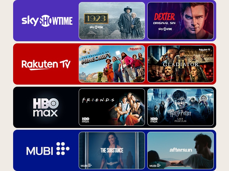 Četiri polja u boji s logotipima popularnih usluga za streaming sa po dve sličice TV serija, koja pokazuju raznovrstan izbor sadržaja za streaming, uključujući serije, filmove i dokumentarce.