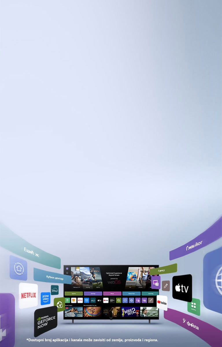 LG pametni TV na kom je prikazan početni ekran sistema webOS s aplikacijama za zabavu i elementima korisničkog interfejsa LG Channels koji se dinamički šire ka spolja i ističu preko 4000 globalnih aplikacija i kanala.