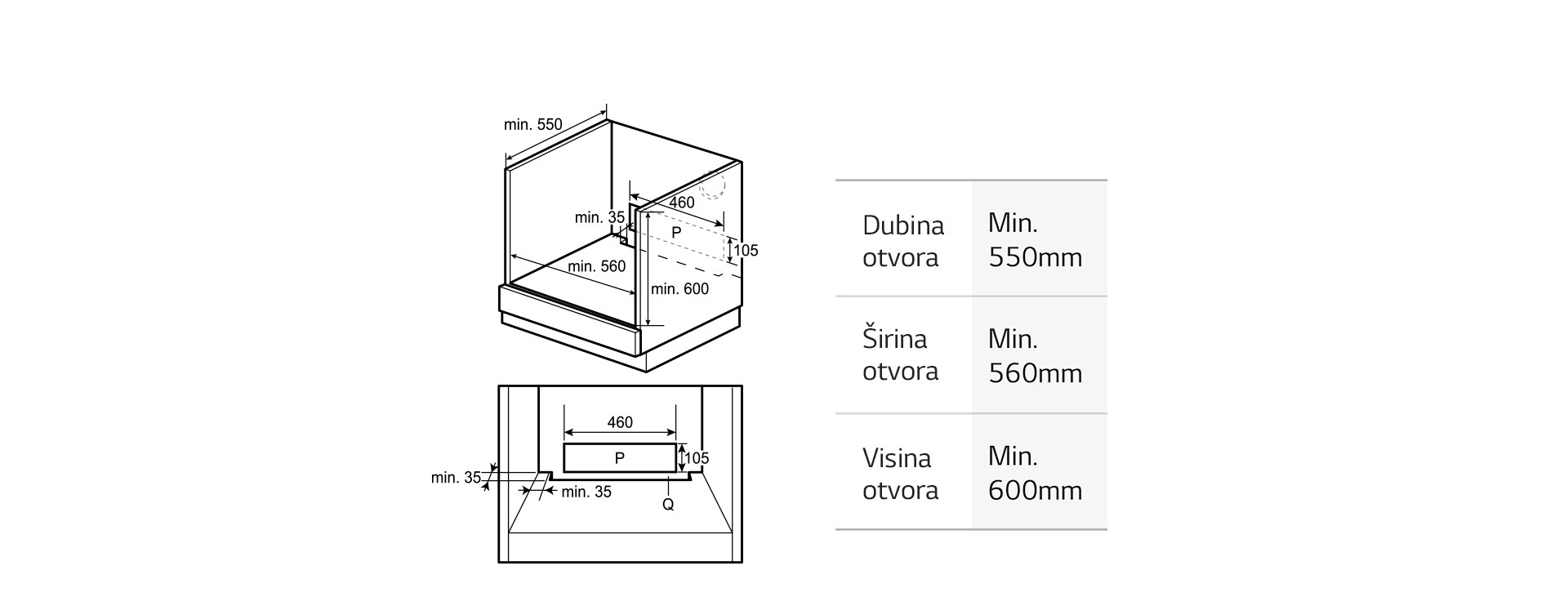 Vodič koji prikazuje koje su dimenzije potrebne u prostoru za instalaciju.