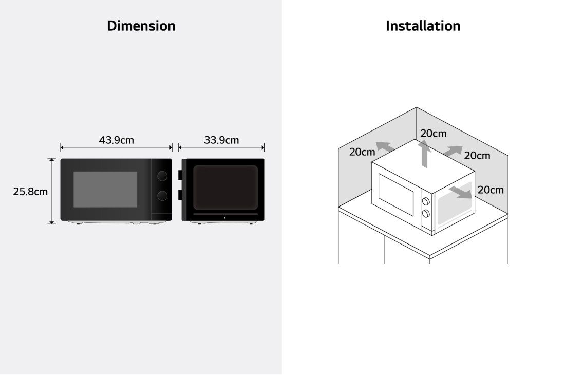 LG Mikrotalasna pećnica od 20 litara	, Dijagram koji prikazuje dimenzije i uputstva za instalaciju mikrotalasne pećnice., MS2082H, thumbnail 11