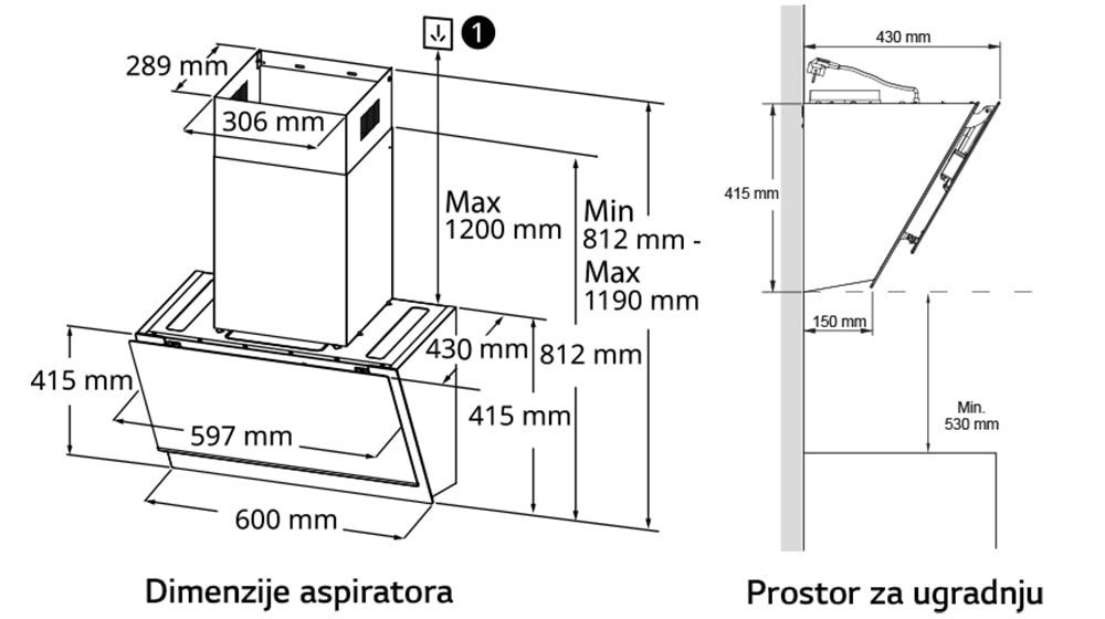 Dimenzije za ugradnju LG aspiratora.