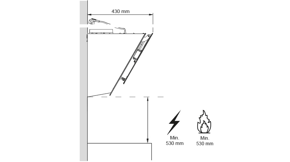 Ilustracija koja prikazuje preporučenu udaljenost za instalaciju između LG aspiratora i ploče za kuvanje.
