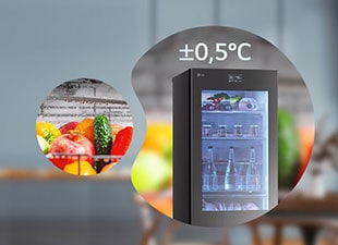 Slike vrha frižidera sa znakom plus ili minus 0,5 stepeni i sveže povrće u mehurićima.