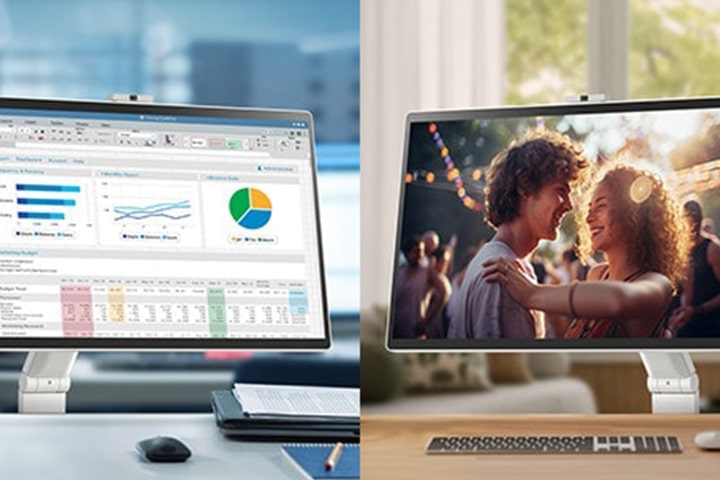 На лявото изображение, LG Smart Monitor Swing в офис показва различни диаграми, докато на дясното изображение, LG Smart Monitor Swing у дома възпроизвежда филм.