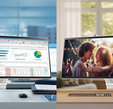 На лявото изображение, LG Smart Monitor Swing в офис показва различни диаграми, докато на дясното изображение, LG Smart Monitor Swing у дома възпроизвежда филм.