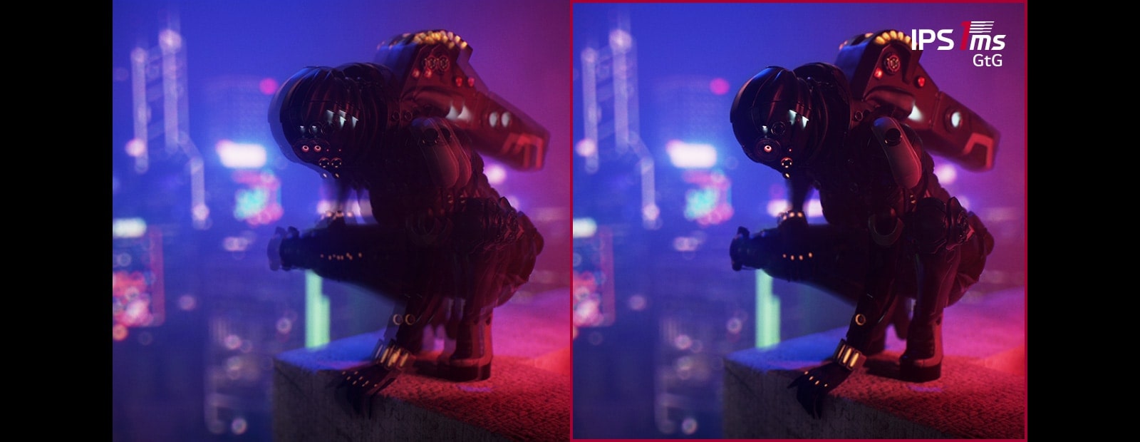 Prikazuje dve uporedne animacije robota. Dve animacije deluju identično, ali je prva koja ne koristi vreme odziva 1 ms (GtG) mutnija od druge.