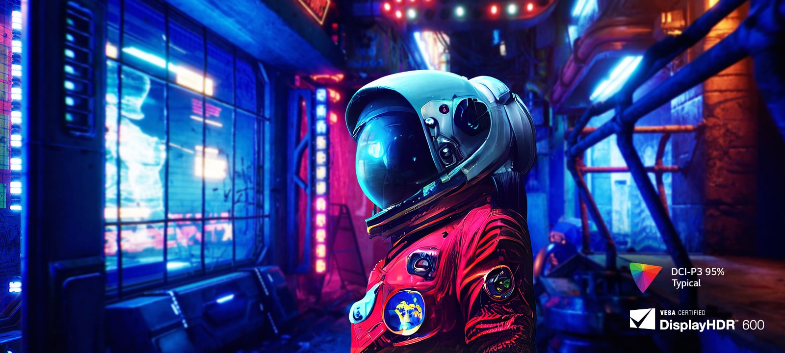 Slika je jako živopisna i raznobojna i sadrži astronauta.