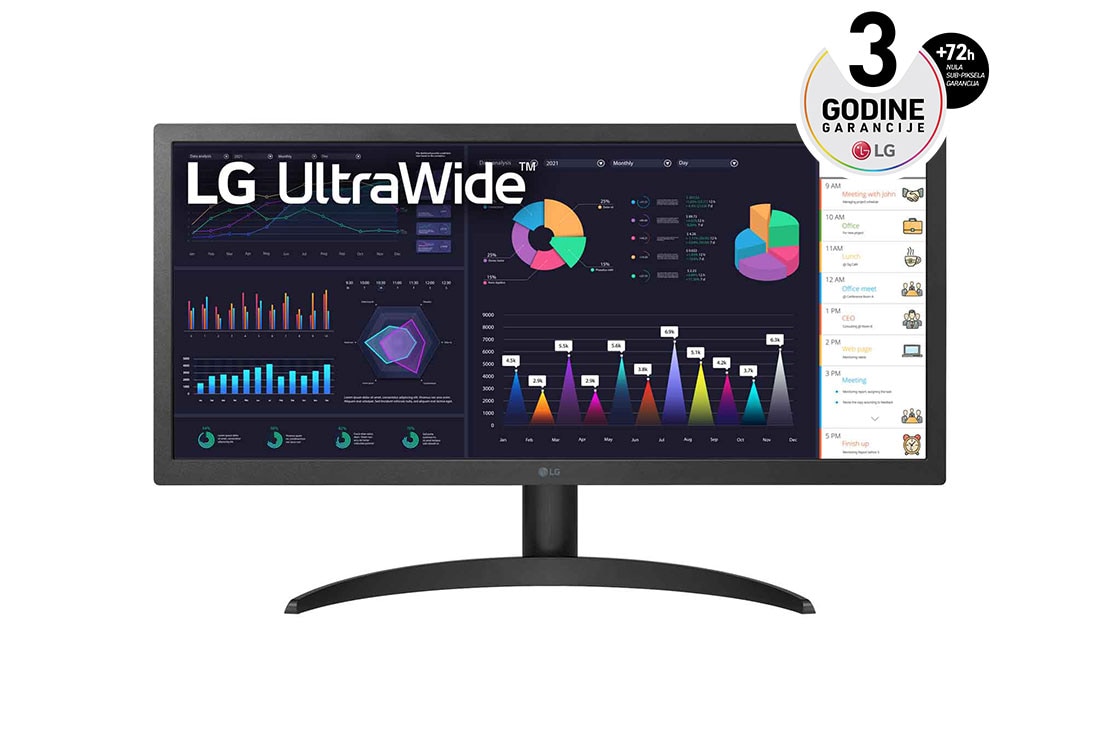 LG 26'' 21:9 UltraWide™ Full HD IPS Monitor with AMD FreeSync™ , prikaz spreda, 26WQ500-B