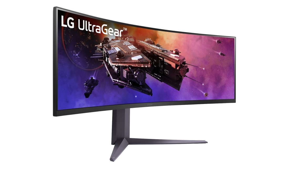 LG 45” UltraGear™ 32:9 odnos širina/visina, dvostruki KHD, zakrivljeni gejmer monitor sa brzinom osvežavanja od 200 Hz, Prikaz sa prednje strane rotiran za +45 stepeni	, 45GR75DC-B, thumbnail 4