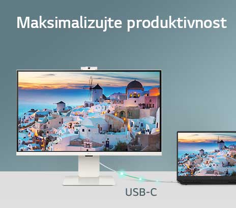 Fotografija koja prikazuje smart monitor povezan sa laptopom putem USB-C kabla i na kojoj se vide punjenje i prenos podataka.