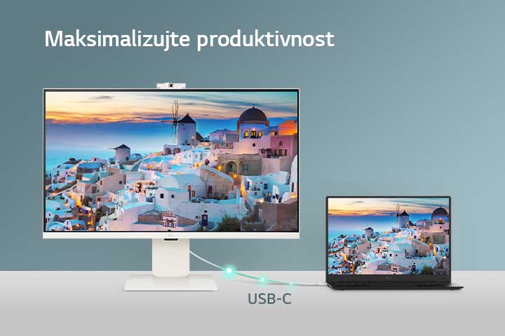 Fotografija koja prikazuje smart monitor povezan sa laptopom putem USB-C kabla i na kojoj se vide punjenje i prenos podataka.
