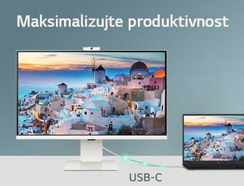 Fotografija koja prikazuje smart monitor povezan sa laptopom putem USB-C kabla i na kojoj se vide punjenje i prenos podataka.