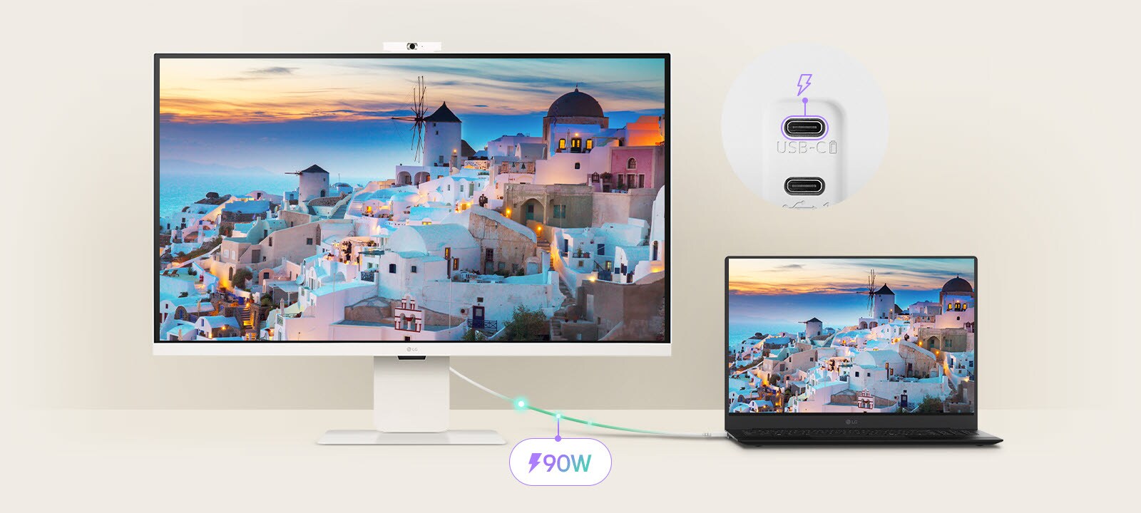 Laptop je povezan sa LG Smart Monitor uređajem putem USB-C kabla. Puni se putem USB-C kabla dok prikazuje isti ekran.