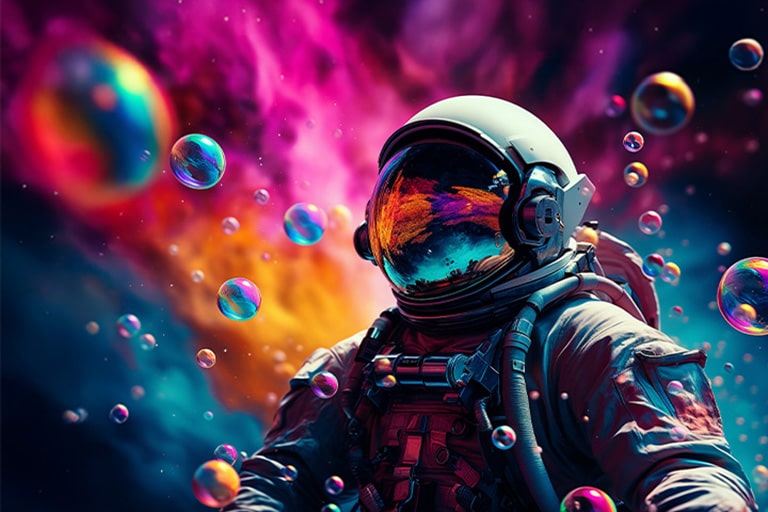 Raznobojna naučno-fantastična scena s astronautom koja prikazuje jasnoću koju pruža DisplayHDR 400 na LG UltraWide monitoru.