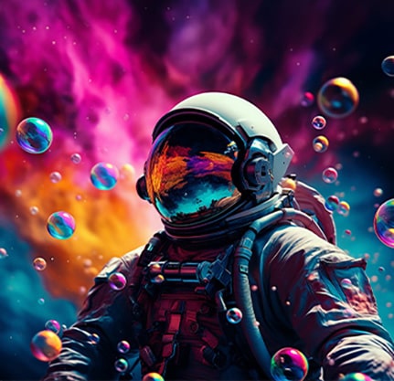 Raznobojna naučno-fantastična scena s astronautom koja prikazuje jasnoću koju pruža DisplayHDR 400 na LG UltraWide monitoru.