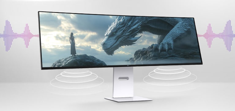 2 scene koje pokazuju zvučnike monitora:scena sa zmajem koja dočarava zvuk I interfejs poziva naglašava glasovnu komunikaciju