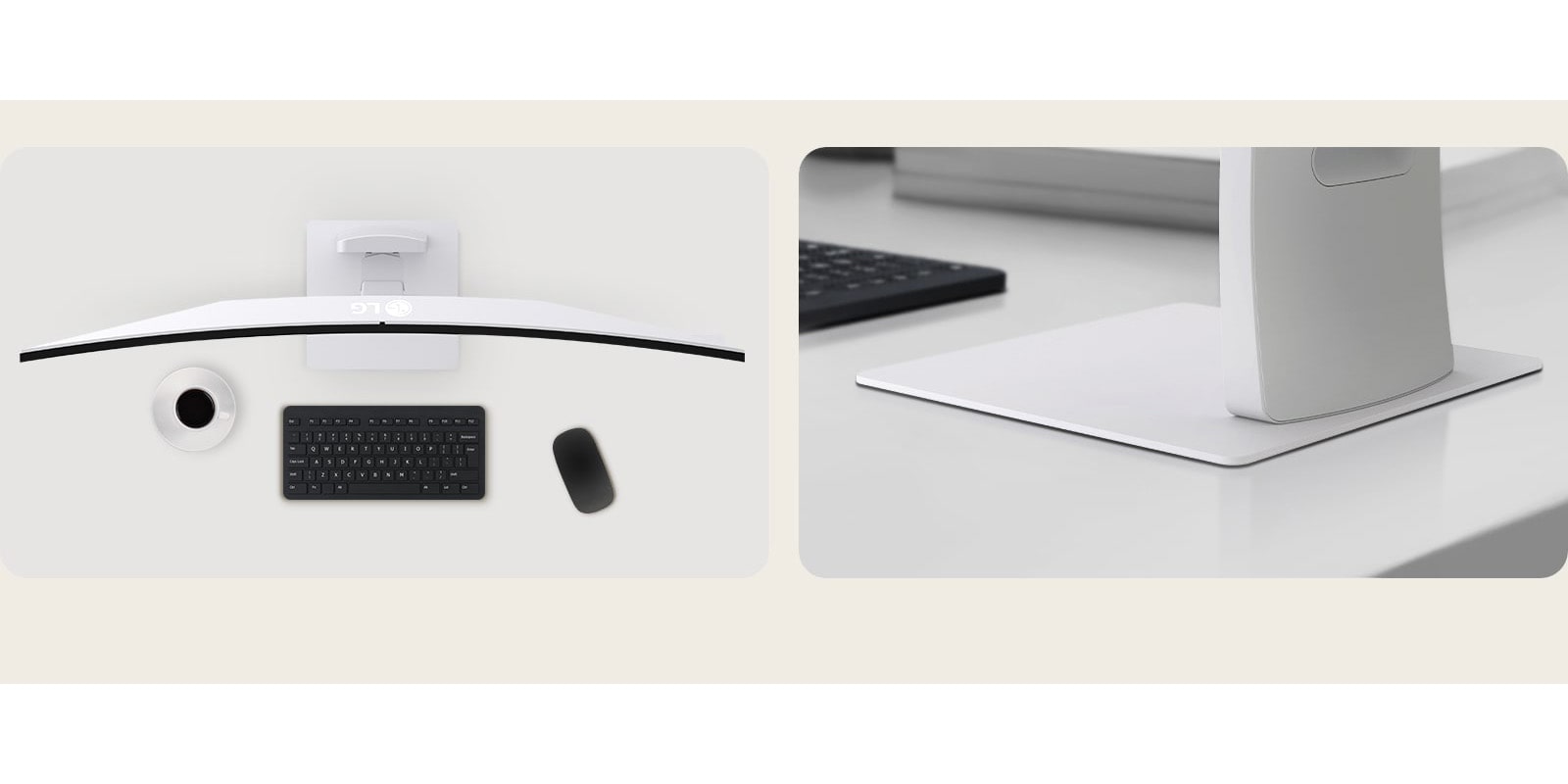 Podeljeni prikaz LG UltraWide monitora odozgo nadole sa zakrivljenim ekranom, pored krupnog plana ravne osnove postolja