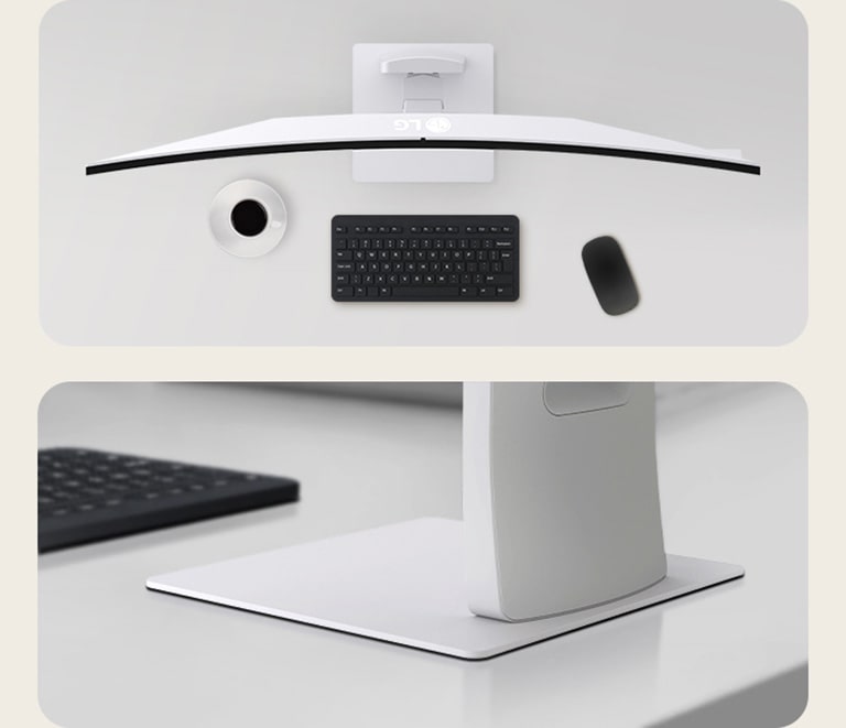 Podeljeni prikaz LG UltraWide monitora odozgo nadole sa zakrivljenim ekranom, pored krupnog plana ravne osnove postolja