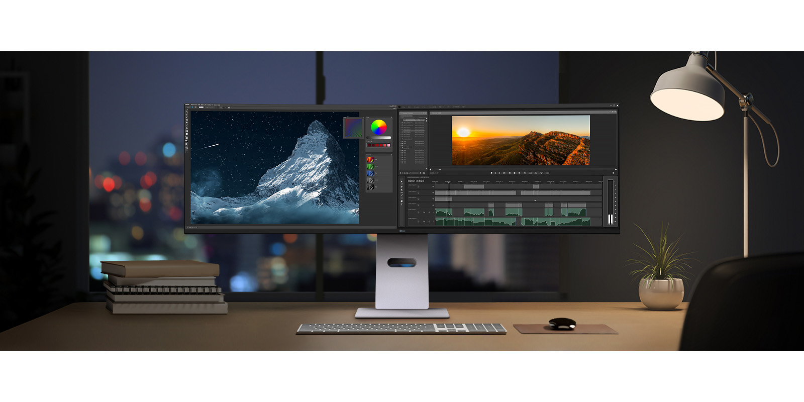Radni prostor noću s LG UltraWide monitorom,prikazuje se softver za uređivanje slika i videa na ekranu.