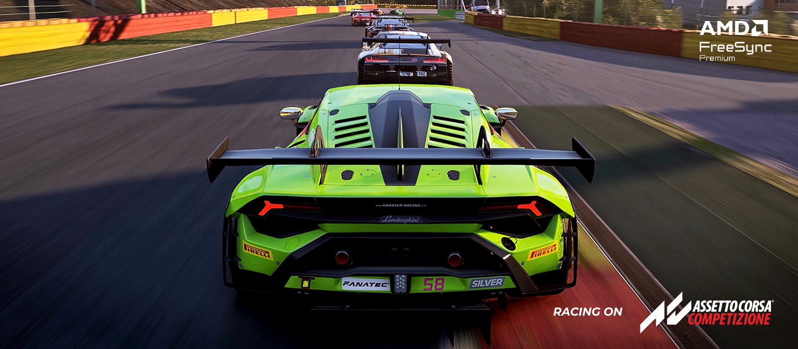 Scena prikazuje prednost svetlozelenog sportskog automobila,više automobila za njim, u okviru funkcije AMD FreeSync Premium