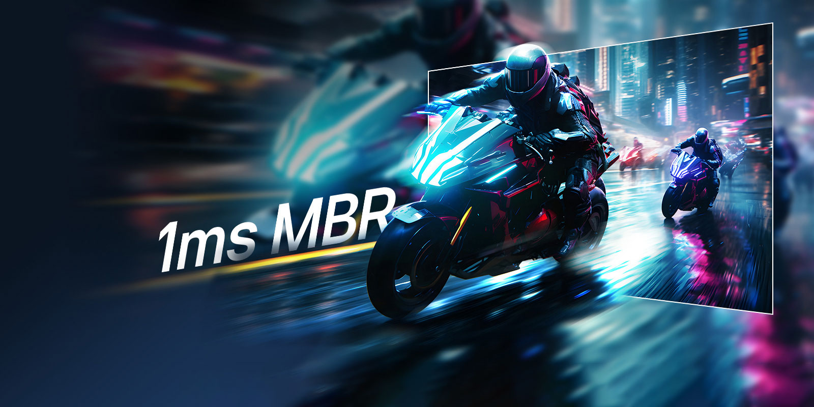 Motociklista juri ulicom, s efektom zamućenja pokreta i delom sa oštrim elementima i tehnologijom Motion Blur Reduction (MBR)