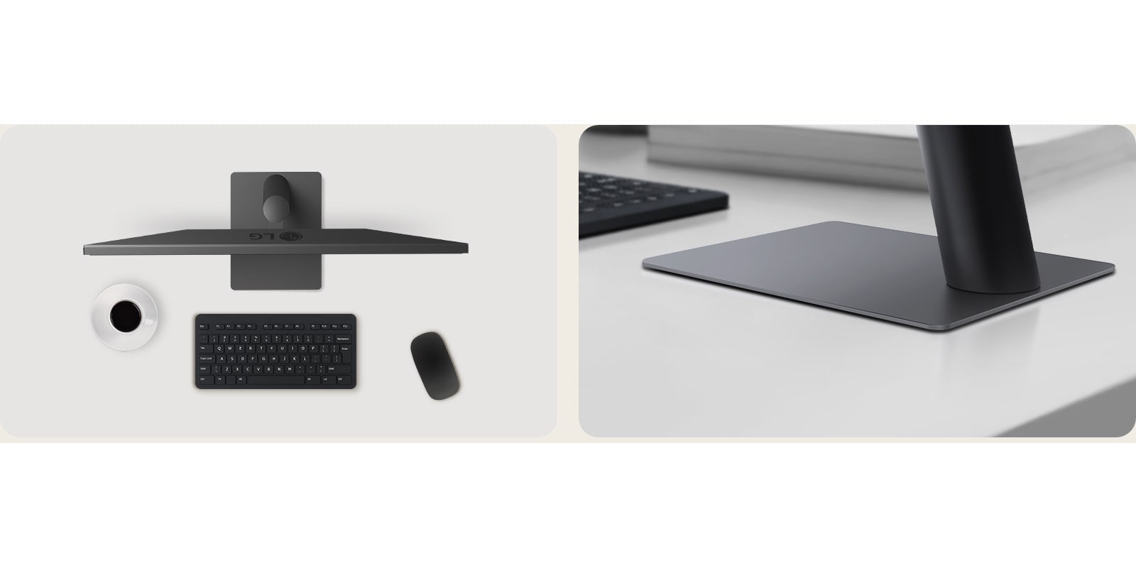 Pogled odozgo i sa strane na monitor na stolu,sa šoljom kafe,bežičnom tastaturom,mišem i postoljem koje obezbeđuje stabilnost