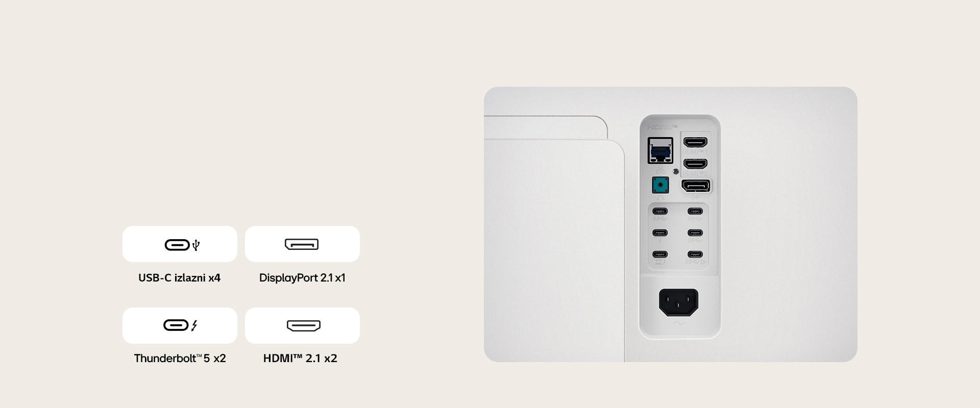 Krupni plan portova monitora UltraFine kojim se prikazuje mogućnost priključivanja različitih kablova.