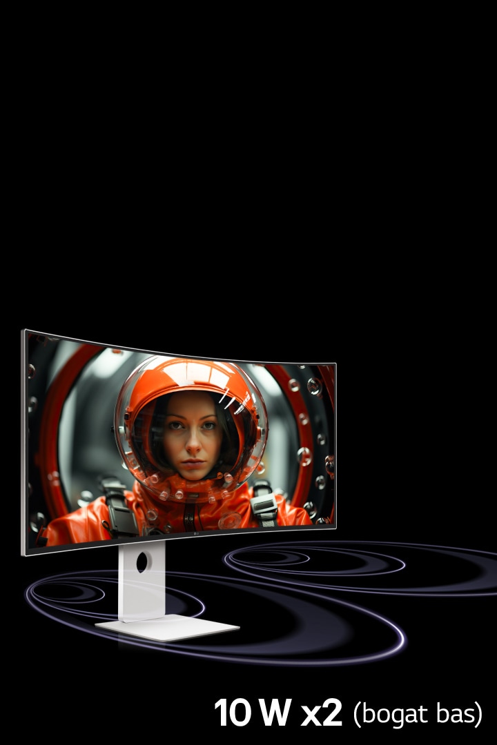 Monitor je u virtuelnom prostoru sa zvučnim talasima koji izlaze odozdo ka napred, prikaz žene u crvenom svemirskom odelu.