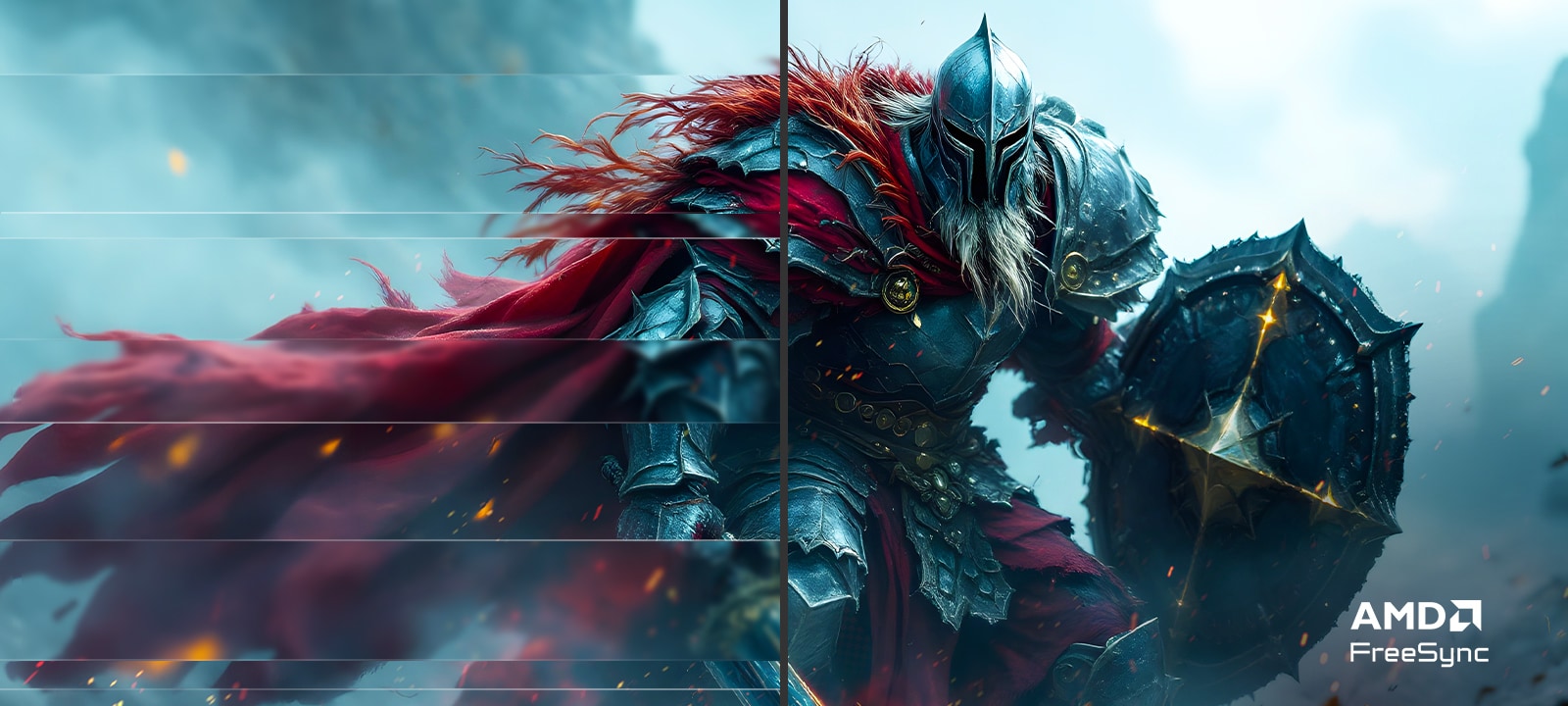 Levi ekran je podeljen na dva dela i zamućen,desni ekran se jasno vidi; u donjem desnom uglu je logotip AMD FreeSync.